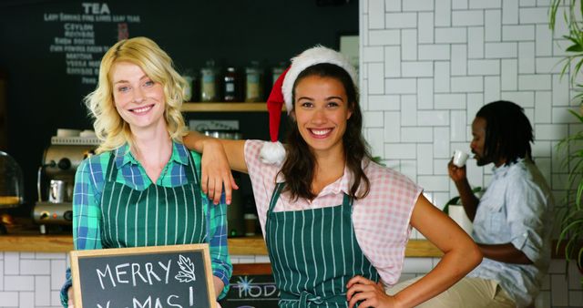 Smiling Baristas Wearing Christmas Hats Serving Coffee at Festive Cafe - Download Free Stock Images Pikwizard.com