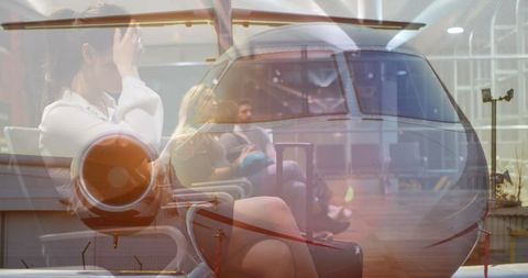 Businesswoman Awaiting Flight at Airport Concourse Overlay