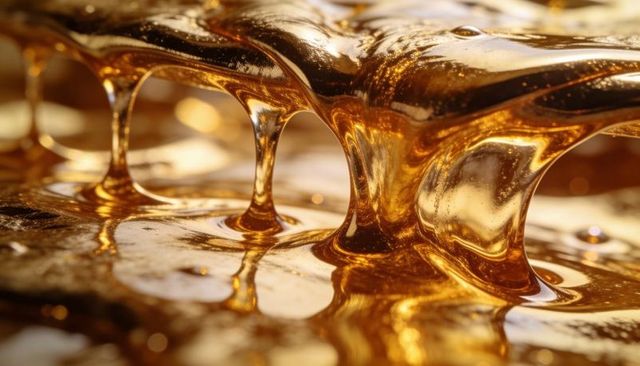 Dripping golden syrup forming glossy arches and suspended bubbles macro texture