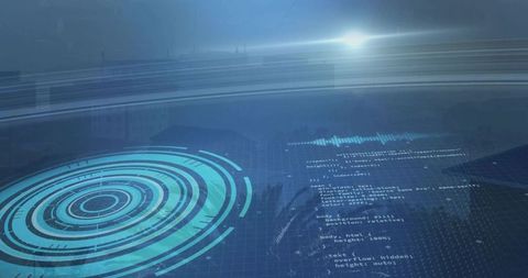 Futuristic HUD Graphic Overlay on Digital Skyline