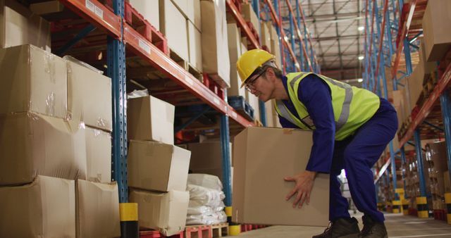 Asian male worker wearing safety suit with helmet and carrying boxes in warehouse. global business, shipping and delivery.