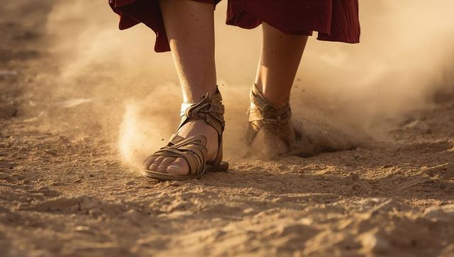 Walking feet kicking up desert dust in leather sandals on sandy trail at golden hour