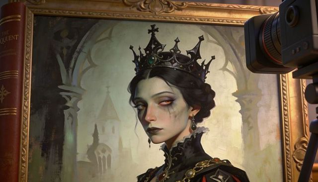 Gilded portrait of gothic queen wearing crown and high-neck gown with ornate frame