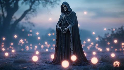Mystical grim reaper in hooded cloak surrounded by glowing lights