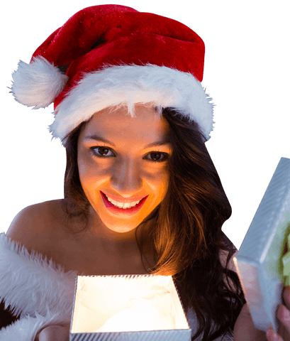 Young woman celebrating christmas with gift on transparent background