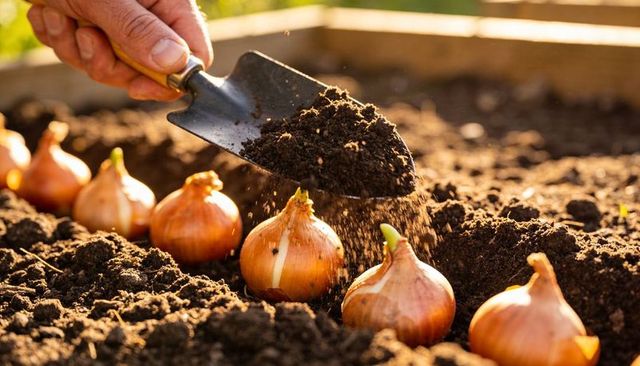 Planting onion bulbs in raised bed garden, covering with soil at golden hour