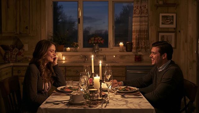 Couple sharing candlelit dinner in rustic kitchen at twilight, smiling and chatting