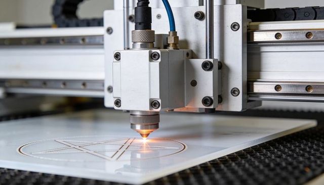 CNC Laser Cutter Engraving Pentagram on Acrylic Sheet with Precision Gantry Rails