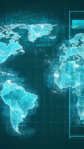 Vertical holographic world map pulsing, shifting view and updating global data panel