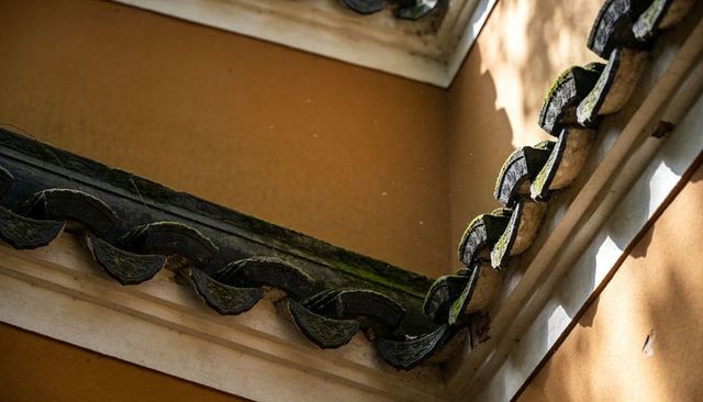 Weathered curved ceramic roof tiles with moss on ochre courtyard eave detail