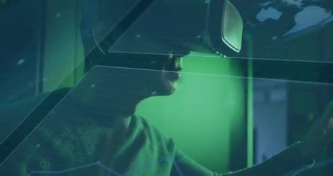 Man in VR Engaging with Futuristic Data Analytics Visuals