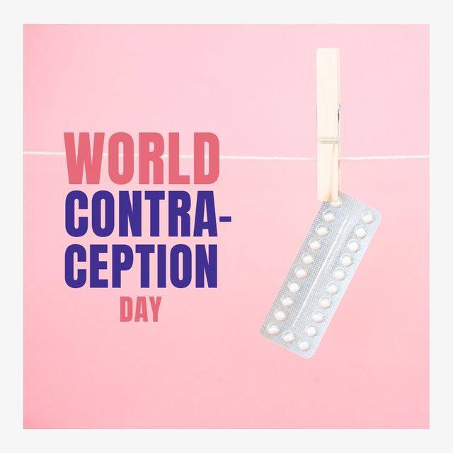 This image shows a blister pack of birth control pills hanging from a clothesline with 'World Contraception Day' text against a pink background. Ideal for use in healthcare campaigns, awareness promotion, educational materials, and social media posts focused on reproductive health and women's healthcare.
