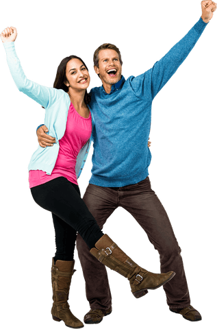 Happy Successful Couple Hands Raised on Transparent Background