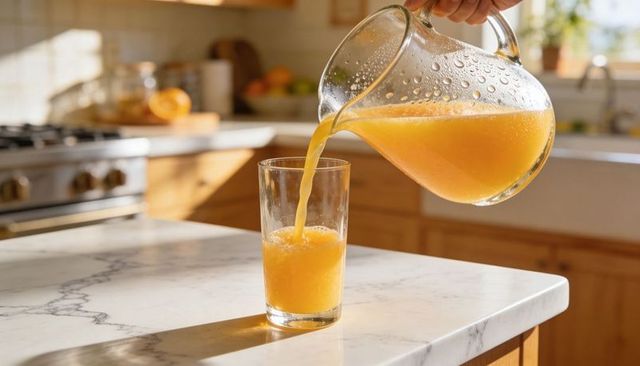 Pouring fresh orange juice from glass pitcher into tall glass on marble countertop