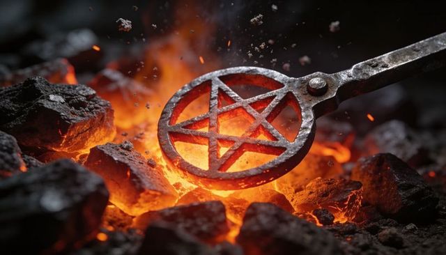 Forging pentagram metal emblem over blazing coals with sparks and glowing embers