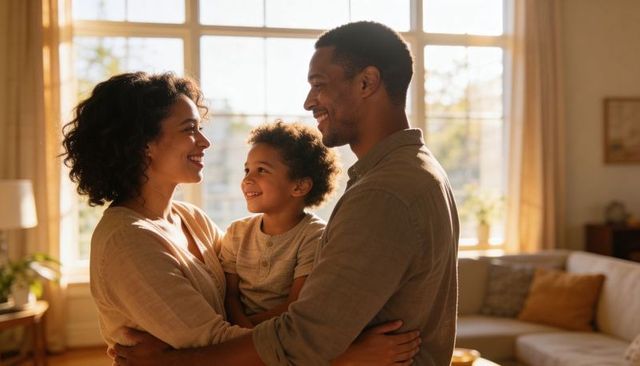 Smiling black parents holding son and sharing warm eye contact in sunlit living room