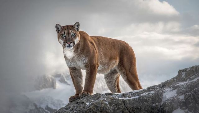 Standing mountain lion surveying snowy alpine ridge on rugged rocky peak majestic predator