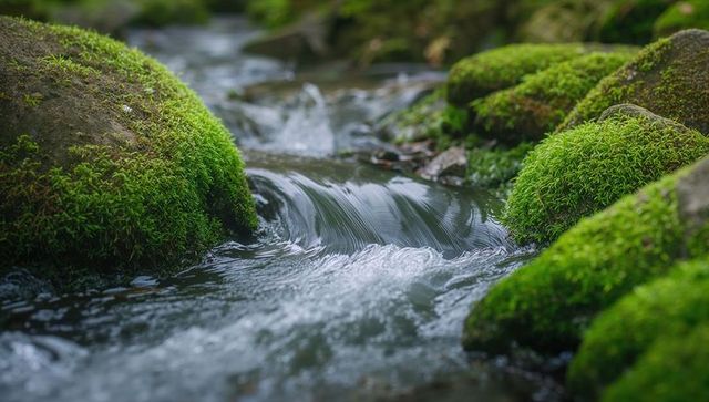 Flowing moss-covered creek curving over smooth stones creating serene woodland ripples