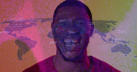 Laughing man in tech-inspired design with data interface overlay