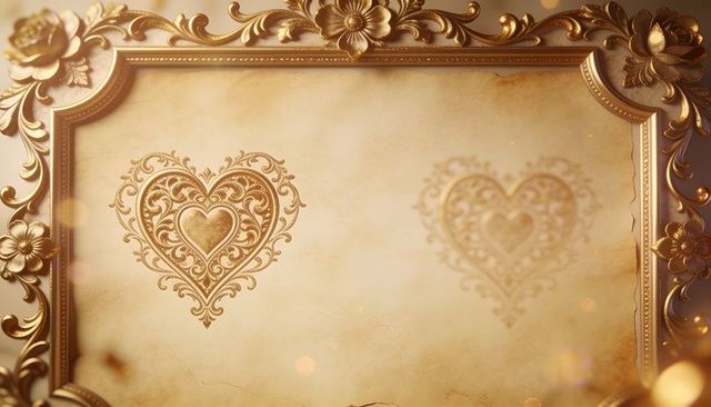 Gilded baroque heart frame on aged parchment with embossed filigree and floral scrollwork