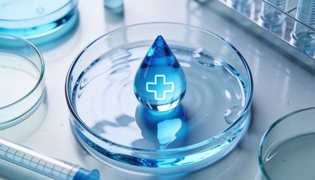 Blue medical droplet with white cross on petri dish in sterile laboratory bench