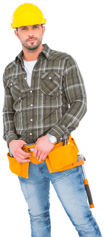confident handyman posing with tool belt and hard hat on transparent background - Download Free Stock Videos Pikwizard.com