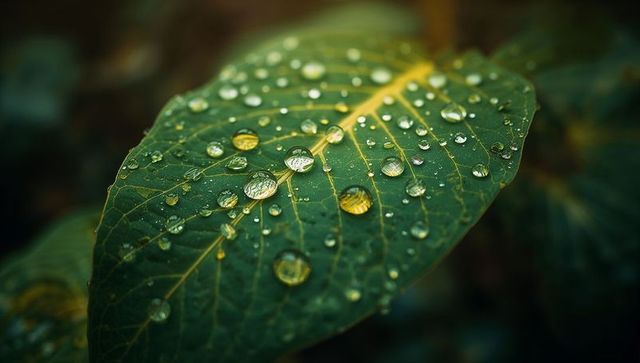 Detailed Green Leaf with Water Droplets and Yellow Veins