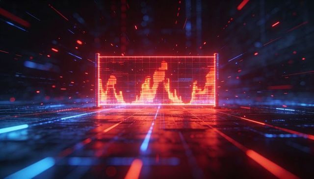 Neon holographic waveform grid hovering over futuristic cyberpunk data floor with neon trails