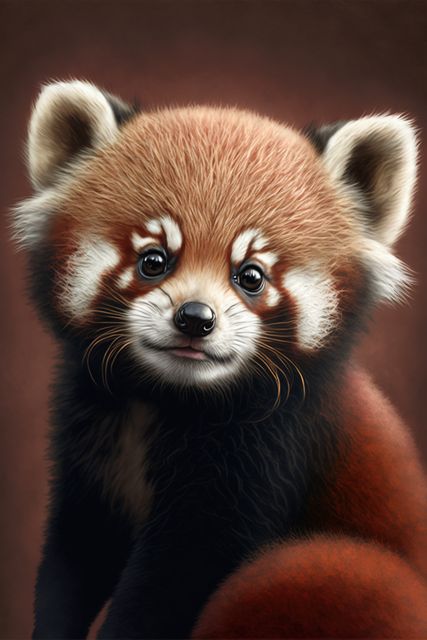 This adorable close-up of a red panda cub with fluffy fur showcases its innocence and charm. Perfect for use in wildlife conservation campaigns, children's books, educational materials, or themed merchandise. The detailed and vibrant depiction makes it an engaging visual for animal lovers and educators.