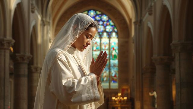 Woman praying in church with stained glass
