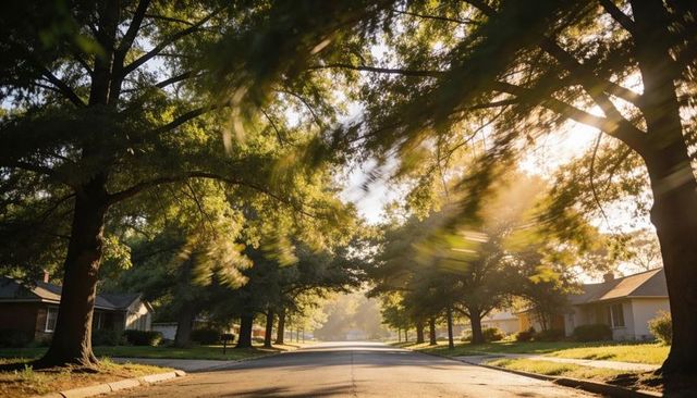 Sunbeams filtering through tree canopy on tranquil suburban street at golden hour