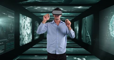 Businessman Using VR Headset in High-Tech Medical Data Environment