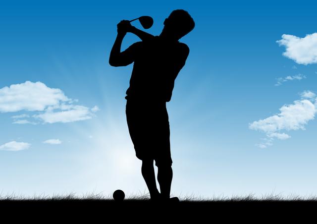This image showcases the silhouette of a golfer taking a swing against an early morning or evening sky, with the sun rising or setting in the background and fluffy clouds scattered throughout. Ideal for use in sports magazines, fitness articles, marketing for golf courses, sports apparel advertisements, and motivational posters.