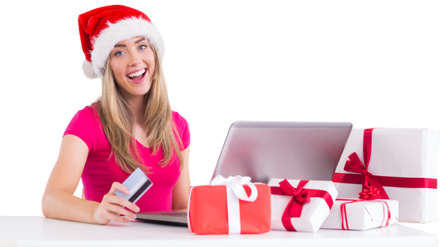 Smiling Woman in Santa Hat Shopping Online with Presents on a White Background, Transparent - Download Free Stock Videos Pikwizard.com