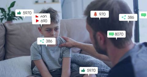 Father comforting son amid floating social media notifications symbolizing cyberbullying