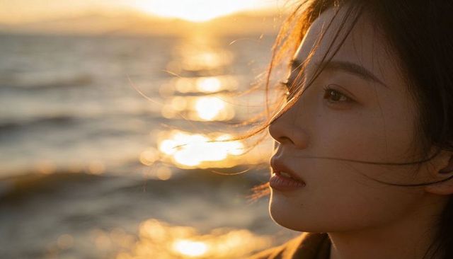 Asian woman gazing at sunset by ocean, wind-tousled hair and golden bokeh coastline portrait