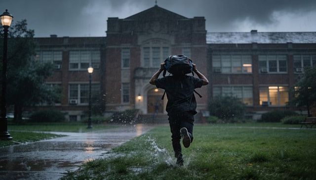 Teen running through heavy rain holding backpack over head toward school building entrance