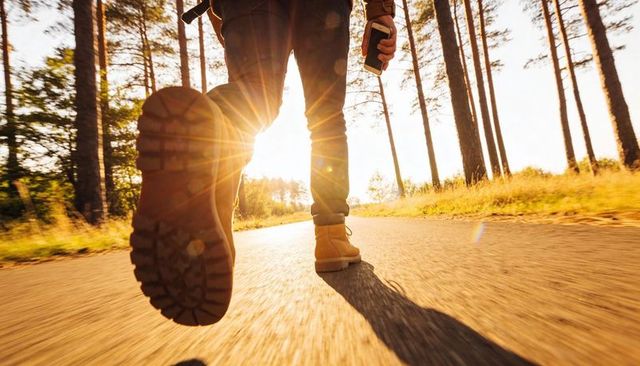 Walking along sunlit forest road wearing rugged boots, holding smartphone, backpack visible