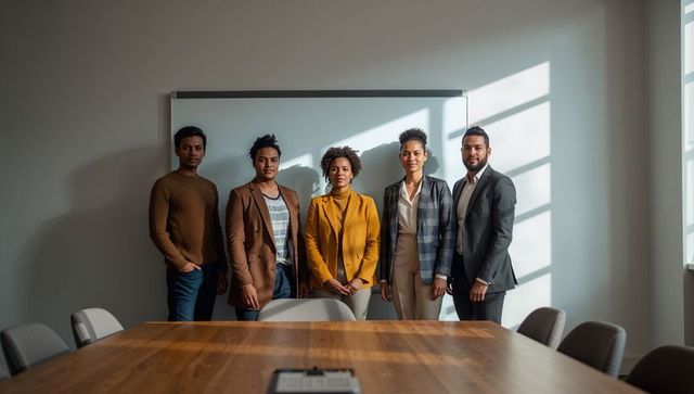 Diverse leadership team standing in modern boardroom, confident professionals in blazers