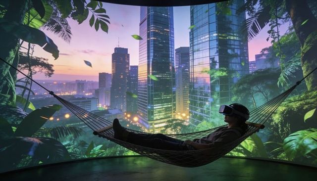 Relaxing in vr hammock blending urban skyline and jungle projection at twilight immersive