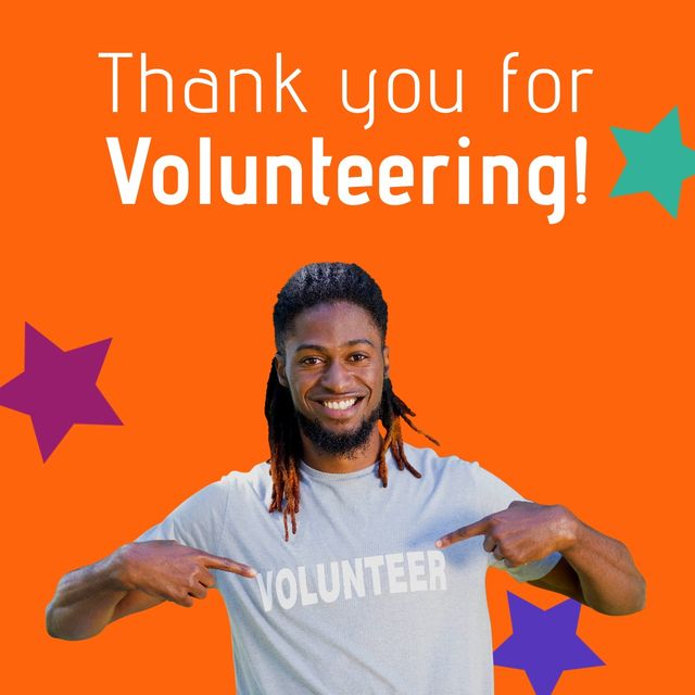 Digital composite of happy volunteers week text on african american man pointing at t-shirt. altruism and relief work concept.