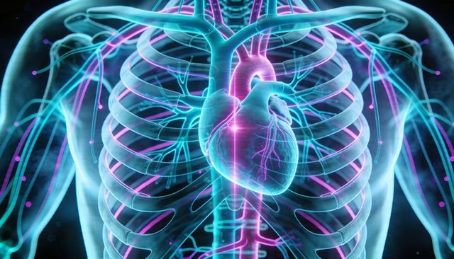 Translucent torso 3d render showing glowing heart, neon vasculature and ribcage anatomy
