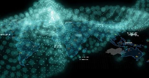 Futuristic Digital World Map with Live Data Nodes and Network Interface