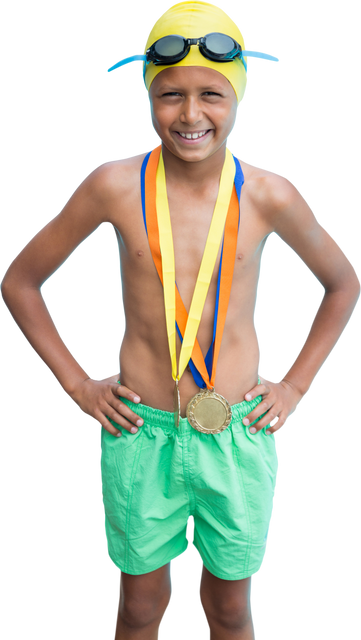 Transparent Image of Happy Boy Wearing Medals and Swimming Gear with Hands on Hips - Download Free Stock Videos Pikwizard.com