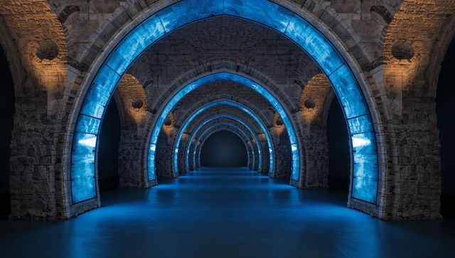 Blue-lit stone arches receding into symmetrical underground vault with reflective floor