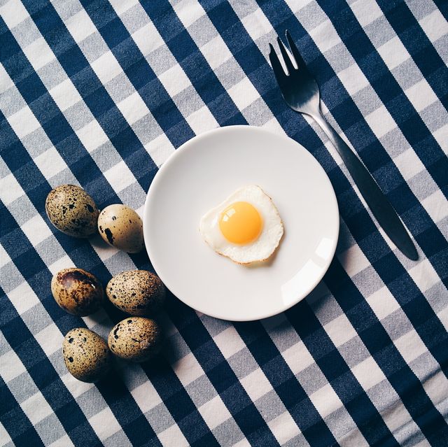 Quail Egg on White Plate with Fork on Checkered Tablecloth - Download Free Stock Photos Pikwizard.com