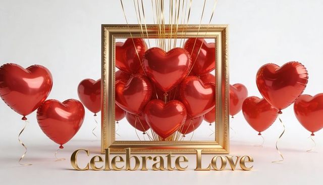 Gold frame holding red heart balloons celebrating love glossy metallic romantic display