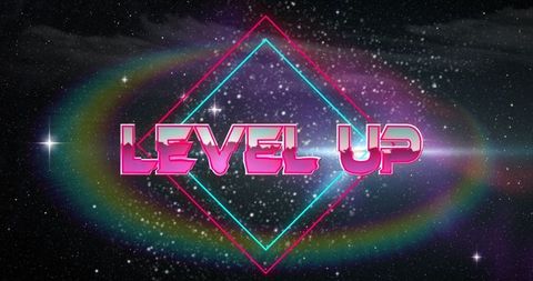 Neon Level Up Text on Cosmic Digital Interface Design
