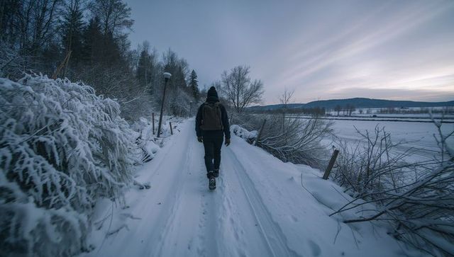 Solitary hiker walking snowy lakeside trail at dusk with backpack and frosty trees