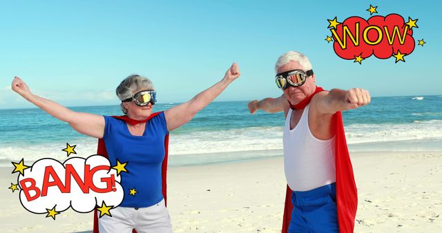 Elderly woman and man wearing superhero costumes including goggles and capes, striking poses at the beach. Comic elements like 'BANG!' and 'NOW' overlays added for a fun, playful effect. Perfect for promoting seniors’ active lifestyle, vacation packages, retirement activities, and humorous greeting cards.